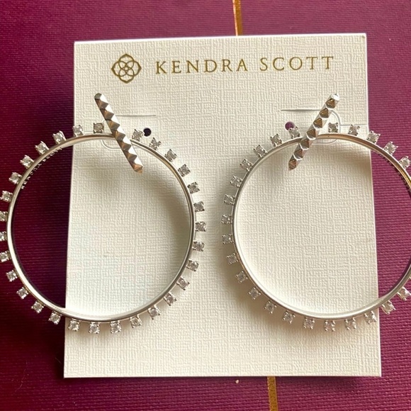 Kendra Scott NWT Charlie Grace Hoop Silver Metal/White Cz Earrings + Dust Bag - Picture 3 of 4